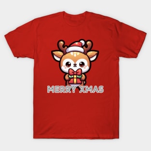 cute christmas deer holding a gift for everyone T-Shirt